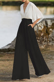 YESMYTOOL  -  British Style Elegant Color Block Pocket Contrast V Neck Loose Jumpsuits