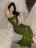 YESMYTOOL  -   Gorgeous Green Strapless Corset Back Glitter Sequin Lace Mermaid Evening Dress Side Slit Long Prom Gown For Party Events