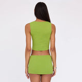 YESMYTOOL  -  Round Neck Sleeveless Green Buttons Crop Top Mini Hip Skirt Summer Urban Leisure Sweet Flirtation Chic Two Pieces Set