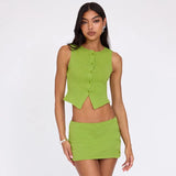 YESMYTOOL  -  Round Neck Sleeveless Green Buttons Crop Top Mini Hip Skirt Summer Urban Leisure Sweet Flirtation Chic Two Pieces Set