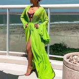 YESMYTOOL  -   Women Elegant Solid Ruffles Sleeve Beach Dress Tunic Long Pareos Bikinis Cover Ups Swim Cover up Robe Plage Beachwear Femme