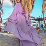 YESMYTOOL  -   Women Elegant Solid Ruffles Sleeve Beach Dress Tunic Long Pareos Bikinis Cover Ups Swim Cover up Robe Plage Beachwear Femme