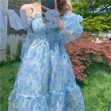 YESMYTOOL  -  Sweet Blue Floral Dress Women Summer New Korean Square Collar High Waist Chiffon Mesh Long Sleeve Dresses Female