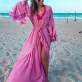 YESMYTOOL  -   Women Elegant Solid Ruffles Sleeve Beach Dress Tunic Long Pareos Bikinis Cover Ups Swim Cover up Robe Plage Beachwear Femme