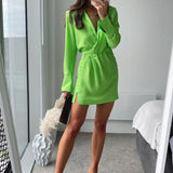 YESMYTOOL  -  Women Long Sleeve Casual Fashion Chic Solid Dresses 2024 Summer Turn Collar Shirt Dress Lady Vintage Light Green Short Dress Pop