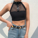 YESMYTOOL  -  Cropped Black Punk Gothic Halter Top Festival Backless Sexy Transparent Fishnet Tops Summer 2024 Tank Top Vest Short