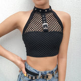 YESMYTOOL  -  Cropped Black Punk Gothic Halter Top Festival Backless Sexy Transparent Fishnet Tops Summer 2024 Tank Top Vest Short