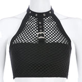 YESMYTOOL  -  Cropped Black Punk Gothic Halter Top Festival Backless Sexy Transparent Fishnet Tops Summer 2024 Tank Top Vest Short