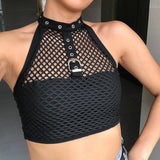 YESMYTOOL  -  Cropped Black Punk Gothic Halter Top Festival Backless Sexy Transparent Fishnet Tops Summer 2024 Tank Top Vest Short