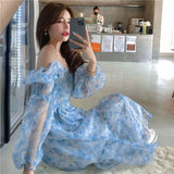 YESMYTOOL  -  Sweet Blue Floral Dress Women Summer New Korean Square Collar High Waist Chiffon Mesh Long Sleeve Dresses Female