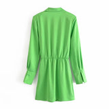 YESMYTOOL  -  Women Long Sleeve Casual Fashion Chic Solid Dresses 2024 Summer Turn Collar Shirt Dress Lady Vintage Light Green Short Dress Pop