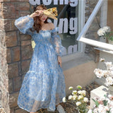 YESMYTOOL  -  Sweet Blue Floral Dress Women Summer New Korean Square Collar High Waist Chiffon Mesh Long Sleeve Dresses Female