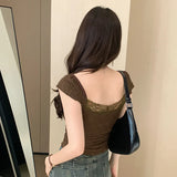 YESMYTOOL  -  Y2k Vintage Lace Tshirts Women V Neck Summer Short Sleeve Crop Top Gyaru Korean Fashion Coquette Aesthetic Slim Tees