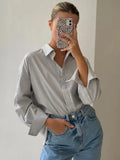 YESMYTOOL  -  Chic Striped Women Shirt Loose 100% Cotton Shirts Tops Ladies Casual Lapel Oversized Lace Up Blouse Women Tops Blouse