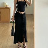 YESMYTOOL  -  Sexy Black Long Skirt Women Fashion Elegant Chic Low Waist Folds Ruffle Patchwork Slim Mermaid Skirt Beach Holiday