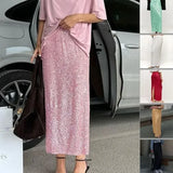 YESMYTOOL  -  Solid Color Sequin Back Split Casual Long Skirt Y2k 2024 Autumn Shiny Hiigh Waist  Hip Wrap Straight Maxi Skirt Party Streetwear