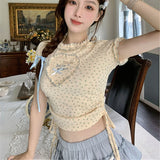 YESMYTOOL  -  Kawaii Short Sleeve Women Bow Ruffle Coquette Crop Top Sweet Lace Up Patchwork Japanese Style Harajuku Slim Up T-shirts