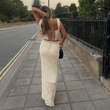 YESMYTOOL  -  Beige Lace Maxi Skirt Women Sexy See Through Beach Trumpet Skirts Autumn Casual Bodycon High Waist Holiday Irregular Skirt 2024