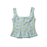 YESMYTOOL  -  Vintage Blue Floral Print Summer Tank Top Women Front Button Bow Square Neck Sleeveless Crop Top