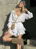 YESMYTOOL  -  Solid White Cotton Lace Shorts Set Women Spring Summer Outfits Beach Holiday Lace Vintage 2pcs Shirt+shorts Set 2024