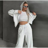 YESMYTOOL  -  Casual Solid Hoodies Pants Set Women Long Sleeve Zipper Short Sweatshirt Loose Drawstring Trouser 2024 Autumn New Lady Tracksuit