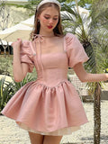 YESMYTOOL  -  Y2K Pink Satin Princess Short Dresses for Women Puff Sleeve Square Collar Ruffles A-line Evening Party Dress Kawaii Mini Vestido