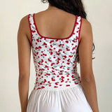 YESMYTOOL  -  Cherry Print White Tank Tops Summer Sleeveless Causal Vest Cottage Cute Comfy Slim Fit Crop Tops Women Y2k Sleeveless Shirts