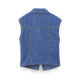 YESMYTOOL  - Summer Folds Blue Denim Tank Tops Women 2024 New Single Breasted Lapel Collar Sleeveless Vest Female Vintage Fashion Camis