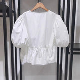 YESMYTOOL  -  White Ruched Blouse Self-tie front puff sleeves summer COTTON POPLIN Cute BLOUSE women luxury new women tops