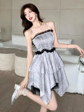 YESMYTOOL  -  Retro Gray Patchwork Elegant Ruffles Slip Short Dress Women Summer Holiday Fashion Summer Irregular Pleated Mini Dress 2024 New