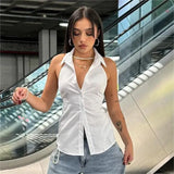 YESMYTOOL  -  Polo Collar Backless Tanks 2024 Summer Fashion Soild Sleeveless Single Breasted Halter Lace-up Shirt Tops Office Lady Streetwear