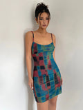 YESMYTOOL  - Pure Desire Spicy Girl Tie Dyed Double-layer Mesh Printed Slim Fitting Suspender Dress, Checkered Sexy Buttocks Wrapped Skirt