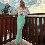 YESMYTOOL  -  Solid Color Sequin Back Split Casual Long Skirt Y2k 2024 Autumn Shiny Hiigh Waist  Hip Wrap Straight Maxi Skirt Party Streetwear