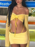 YESMYTOOL  -  Y2K Aesthetics Sexy Co-ord Sets Yellow 2000s Clubwear Off Shoulder Flare Sleeve Crop Tops and Micro Skirt 2 Piece Suits