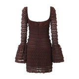 YESMYTOOL  -  brown stretch floral lace dress for women fluted sleeve square neck ruffled party dress new mini women dresses