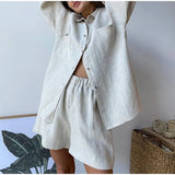 YESMYTOOL  -  Casual Cotton Linen Sets Commuter Single Breasted Loose Long Sleeve Shirt Shorts Suit Summer Vacation 2 Piece Set Women's Outfit