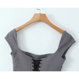 YESMYTOOL  -  Top Short Sleeve Square Neck Ladies Sexy Chic Tops Y2K Women Lace Up Bandage Back Gray Crop