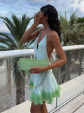 YESMYTOOL  -  Green Gradient Hollow Out Pleated Halter Mini Dress Women Sexy Deep V-neck Backless Sleeveless Dresses Female Vacation Robe 2024