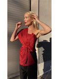 YESMYTOOL  -  Bow Red Chic Top Women Fashion Skew-collar Irregular Casual Bandage Female Tops 2023 Party One-shoulder Shirt