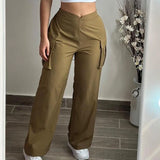 YESMYTOOL  -  Spring Fashion Casual High Street Trousers Female Solid Color High Waist Cargo Pants Elegant Commute Pockets Loose Straight Pant