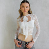 YESMYTOOL  -  Personalized Lace Spliced Solid T-shirt Sexy Sheer Low Cut Hollow Out Round Neck Lace Up Bow Tie Long Sleeve Sexy Top