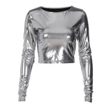 YESMYTOOL  -  Soild Slim Fit Long Sleeve Crop Tops for Women Y2k 2024 Winter New Fashion Metallic Crew Neck Casual T Shirts Streetwear