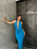 YESMYTOOL  -  Sexy Halter V-neck Dresses Women Solid Chic Backless Sleeveless Slim Long Sheath Dress 2024 Summer Lady Party Beach Robe