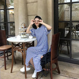 YESMYTOOL  -  l Blue Striped Knitted Dress for Women's Summer New Loose Casual Long Knee Length V-neck Dresses Female Clothing