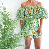 YESMYTOOL  -  Flowers, clouds, bubbles, one-shoulder blouse, tube top+high-waist shorts suit, summer age-reducing pastoral style.