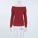 YESMYTOOL  -  Red Ribbed Long Sleeve T-shirts for Women Elegant Fashion Off The Shoulder Slim Tops Autumn Winter Sexy Christmas Tees 2024