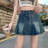 YESMYTOOL  -  Spring Summer Vintage Elegant High Waist Women's Denim Pleated Short Skirt Female Sexy Club A-line Jean Mini Skirt 2024 New Chic