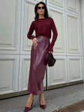 YESMYTOOL  -  Ancora Red High Waist Leather Midi Skirt Elegant Women Slim Fit Split Half Long Skirt 2024 Autumn Fashion Commute Street Wear