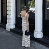 YESMYTOOL  - Black White Striped Knitted Beach Dress Women Elegant Casual Sleeveless Loose Long Dresses Summer Holiday Vacation Outfits 2024