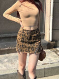 YESMYTOOL  -   Vintage Leopard Mini Denim Skirt Women American Streetwear High Waist Zip Up Slim Sexy Wash Jeans Skirt Summer Gyaru